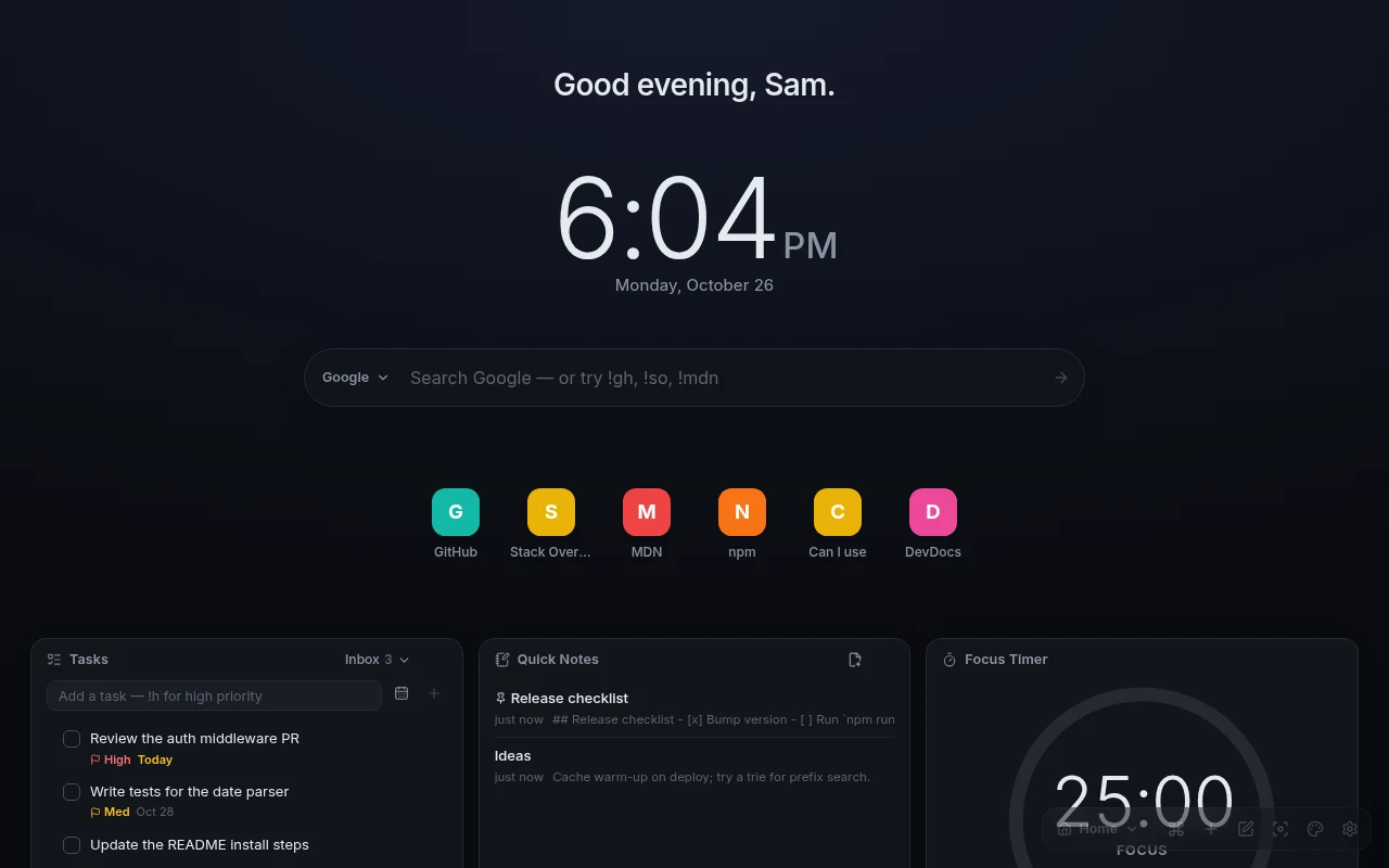 The Devora new tab with a greeting, clock, search bar, quick links, tasks, notes and focus timer