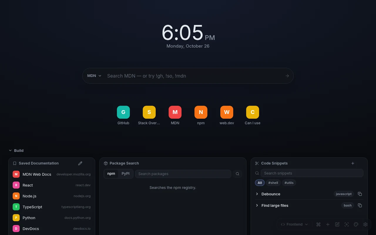 A Devora Frontend workspace with documentation links, package search, snippets, tasks and a colour converter