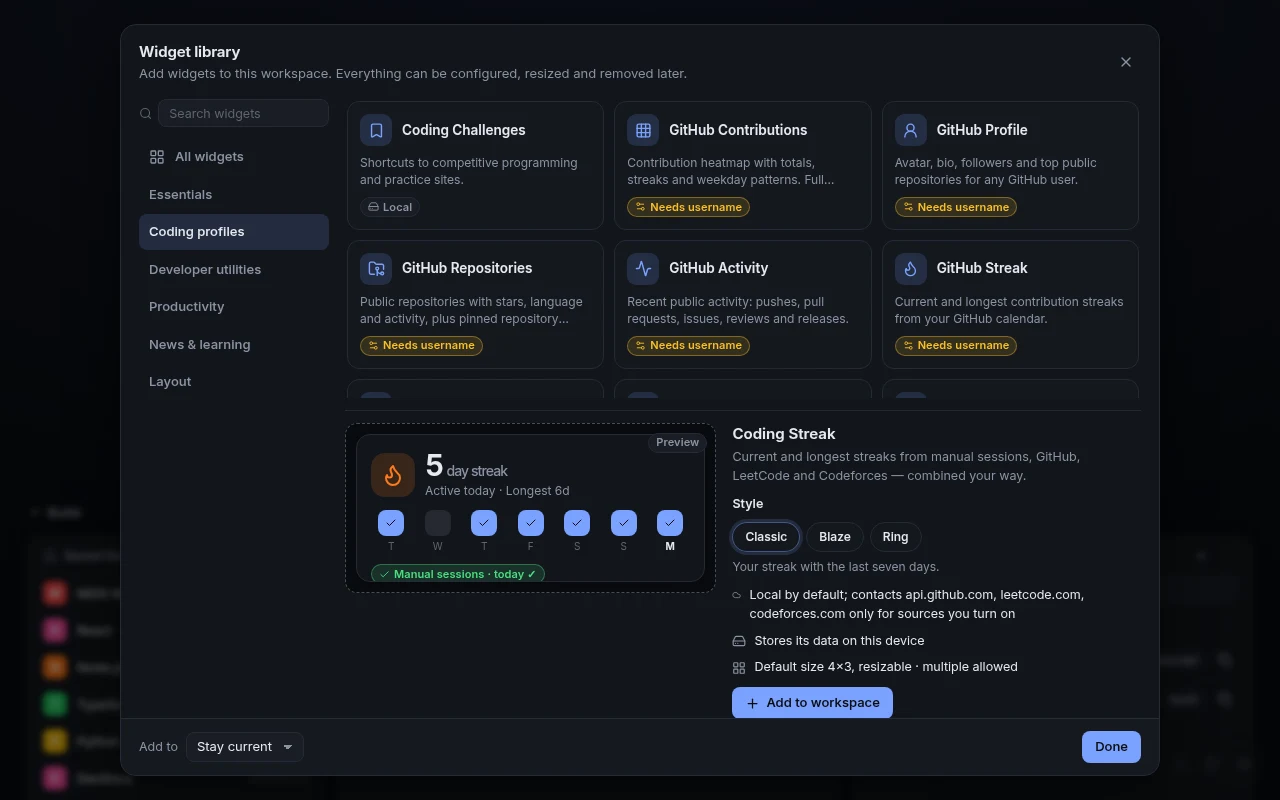 Devora widget library showing coding widgets and a live preview of the Coding Streak widget