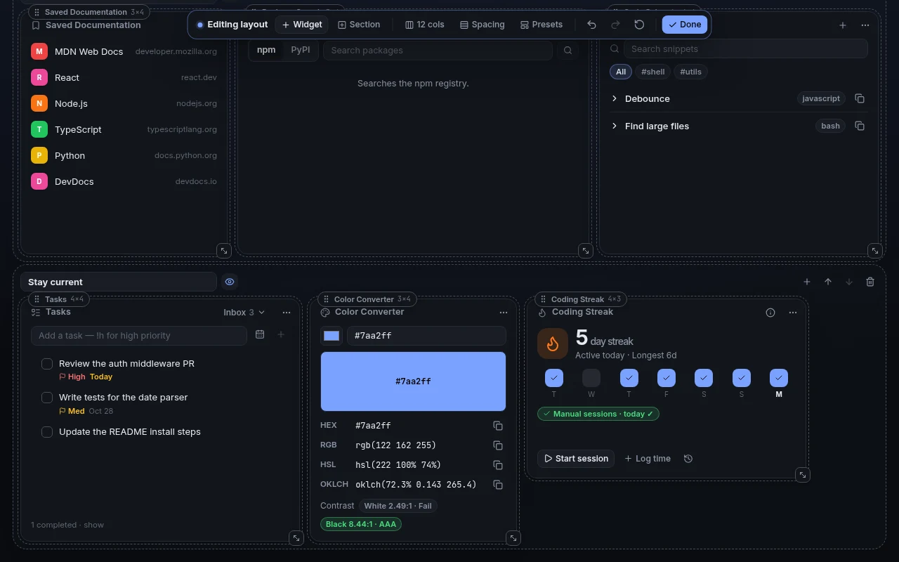 Devora layout editor with resize handles, sections and an editing toolbar