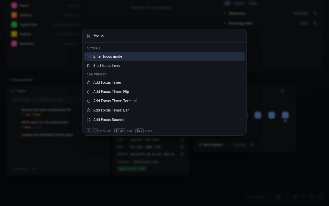 Devora command palette searching for focus actions